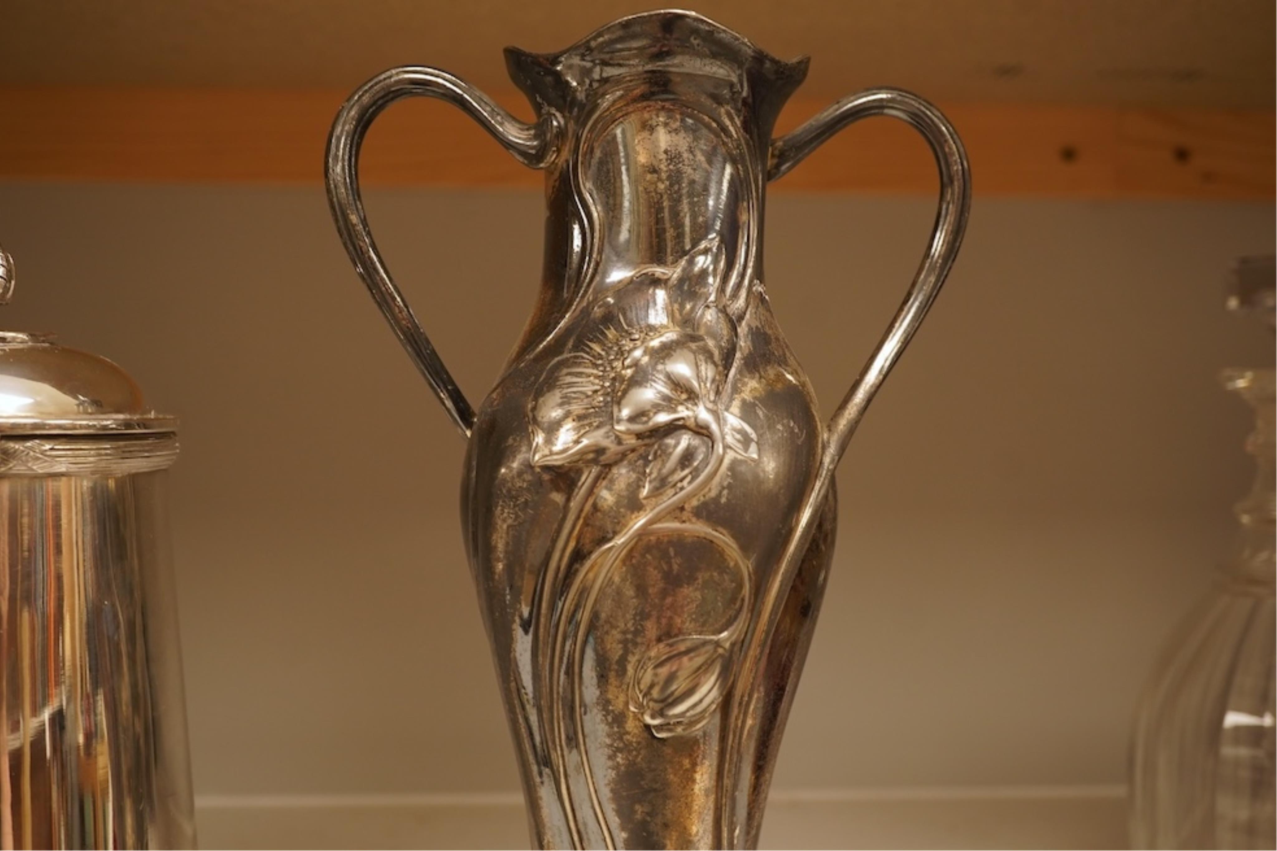 An Art Nouveau silver plated vase in WMF style, and a plated chocolate pot, vase 30cm high